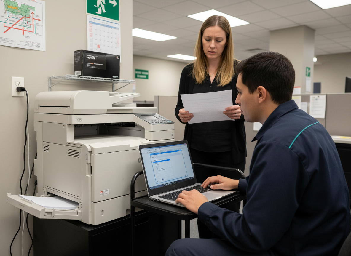 IT technician providing on-site printer driver support at an office