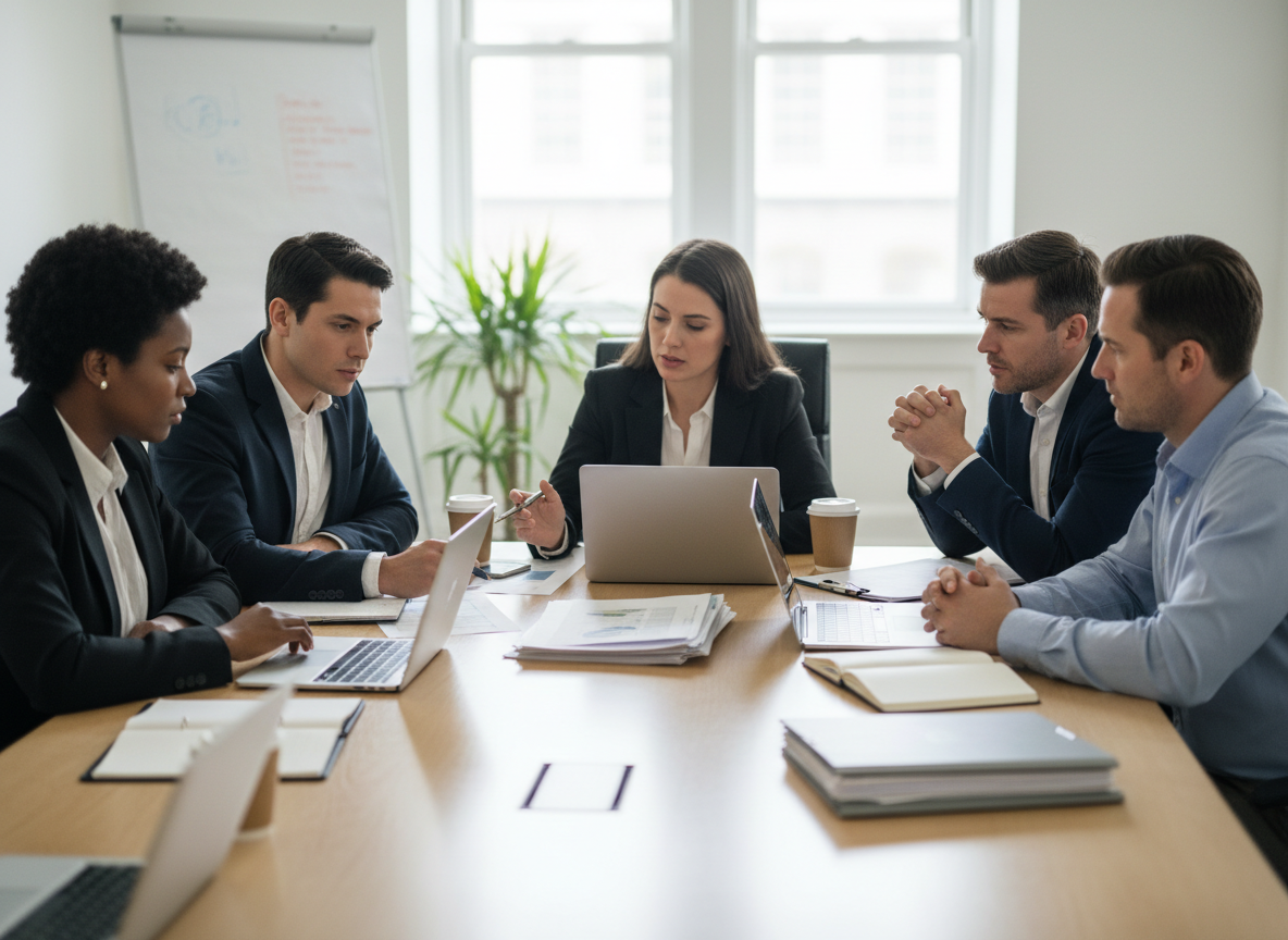 Staffing agency professionals in a compliance review meeting
