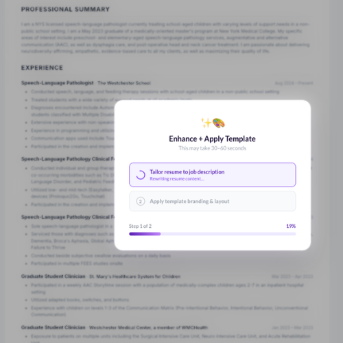 Reqtify Enhance and Apply Template screen tailoring resume to job description with progress bar at 19 percent step 1 of 2