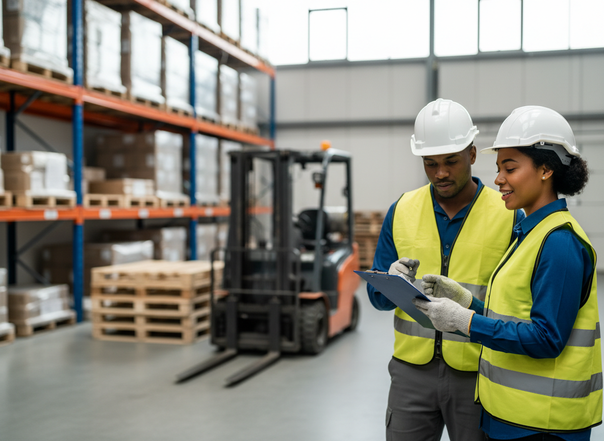 Warehouse workers in safety vests reviewing a checklist near a forklift