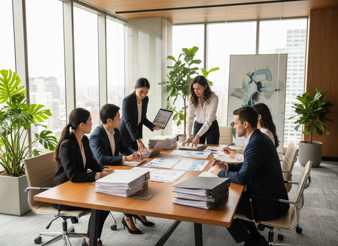 HR team reviewing organizational documents and employee policies in a modern office