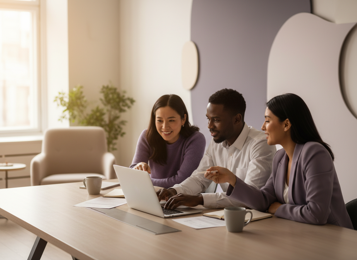 A diverse HR team collaborating around a laptop