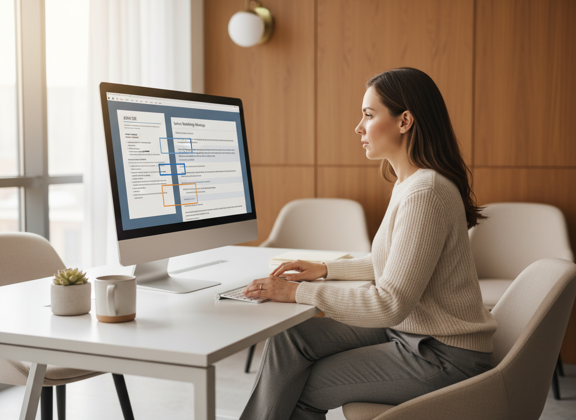 Recruiter reviewing and tailoring a resume at a modern desk