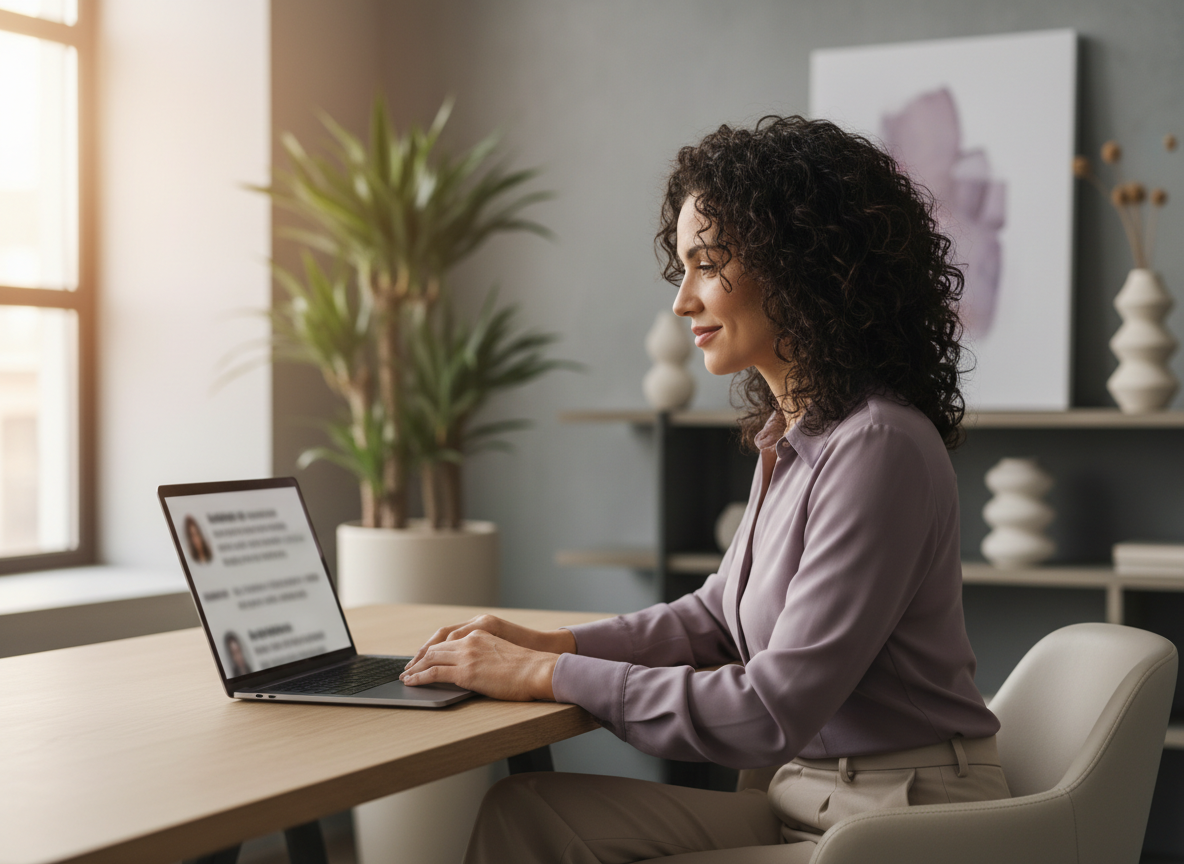 A recruiter confidently reviewing candidate profiles at her desk