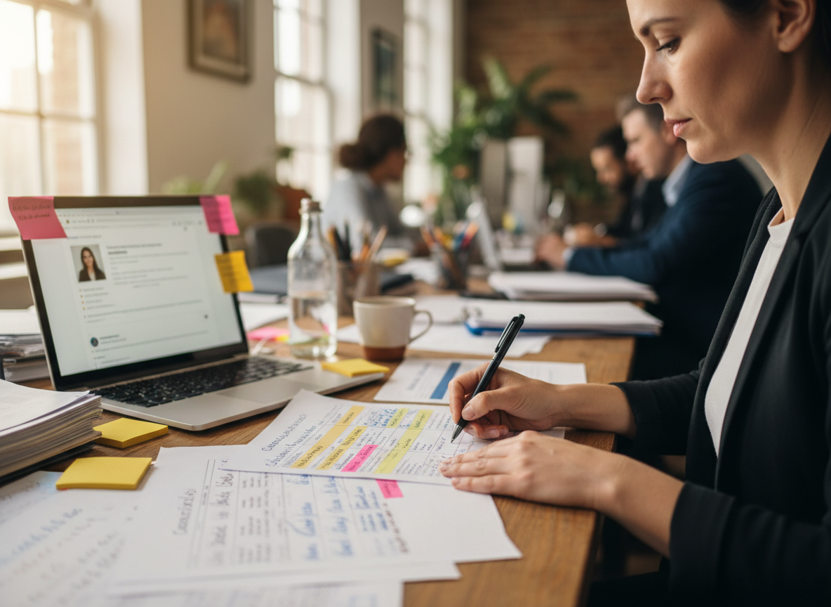 Recruiter reviewing a detailed candidate evaluation report with structured notes and gap analysis
