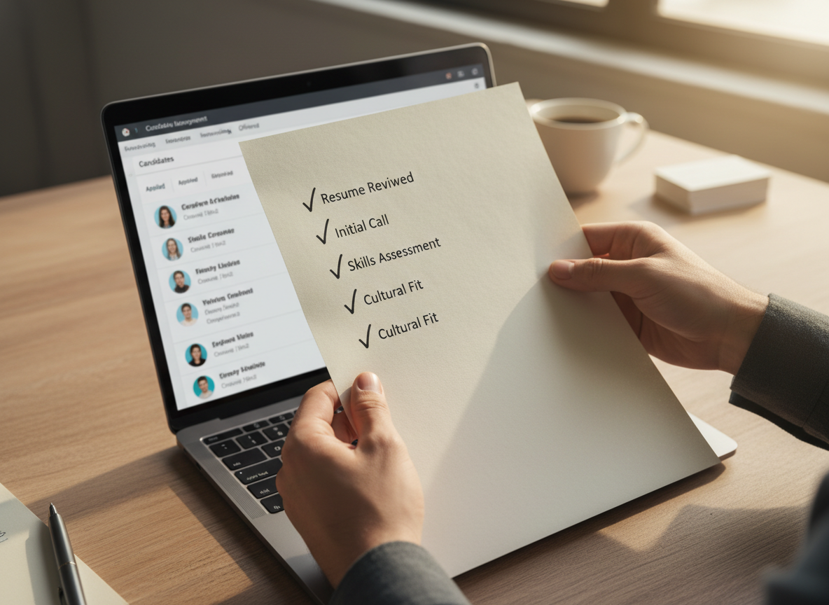 Recruiter reviewing a checklist document at their desk with a laptop in the background