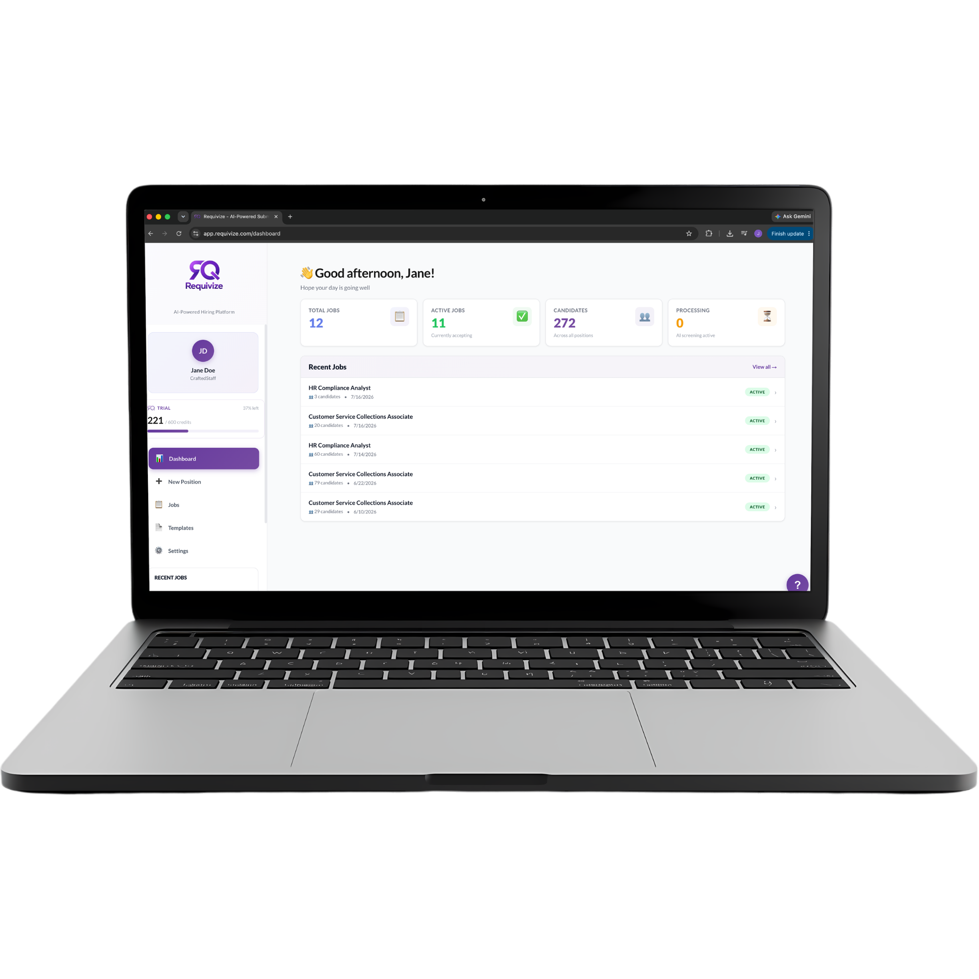 Requivize screening interface on a laptop showing candidate ranking and explainable reasoning