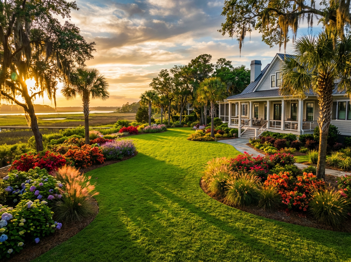 Beautiful manicured garden with hedges and stone pathways