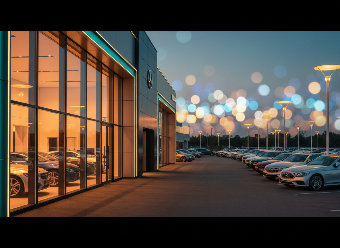 Premium automotive dealership at dusk