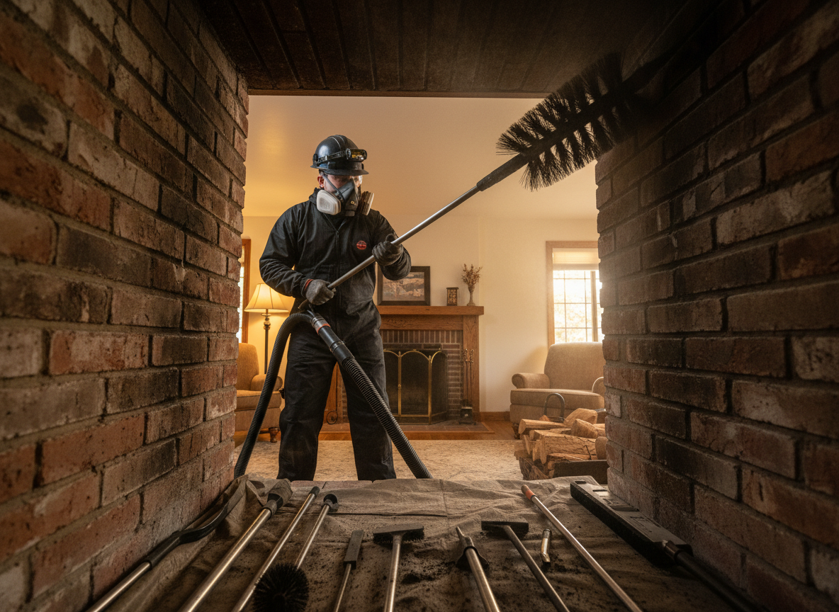 Professional chimney sweep technician at work