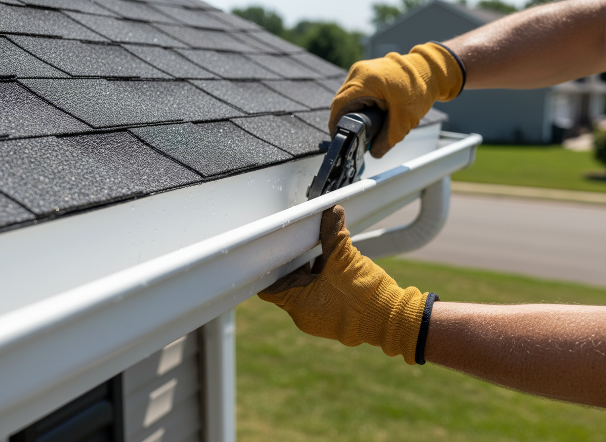 Seamless gutter installation on residential home