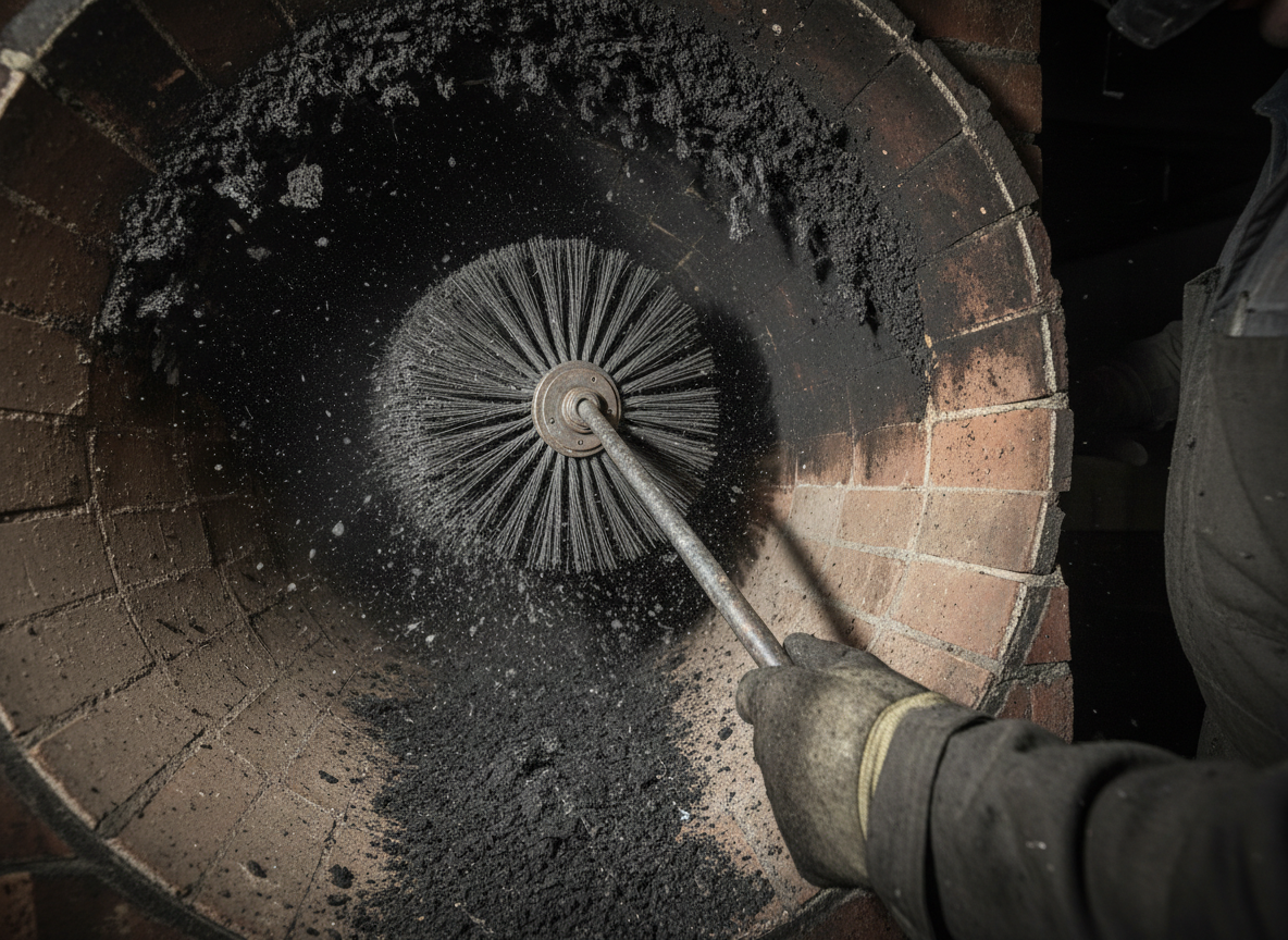 Chimney cleaning brush removing soot and creosote
