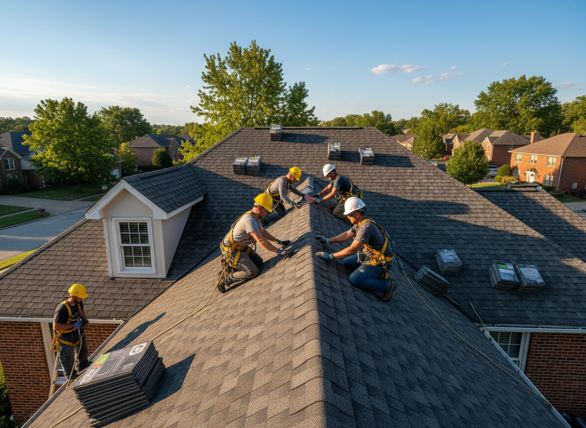 Professional roofing crew installing shingles Pittsburgh PA