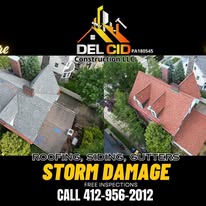 Del Cid Construction storm damage roofing siding gutters free inspections call 412-956-2012