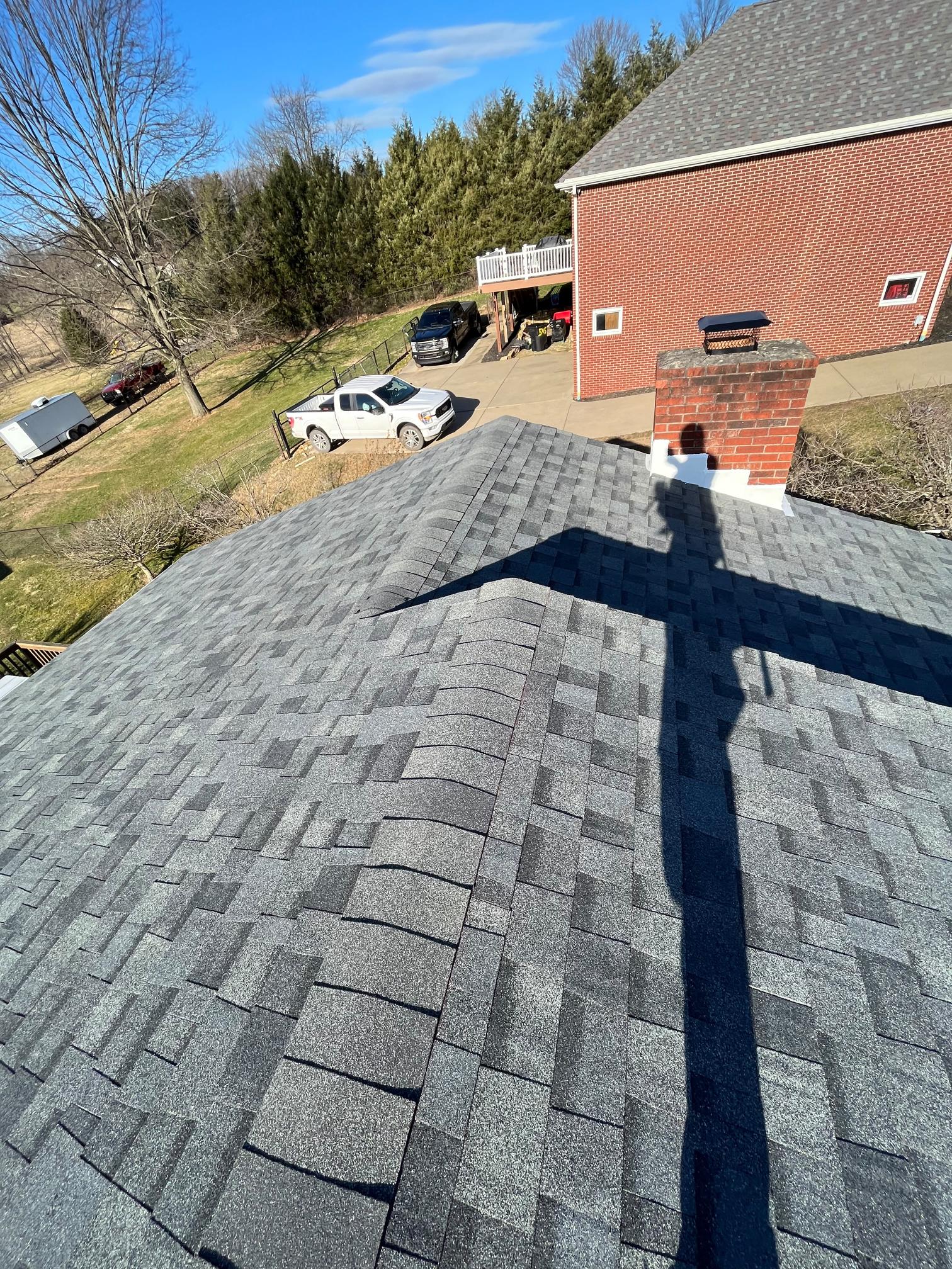 Completed shingle roof on brick home - aerial view Pittsburgh PA