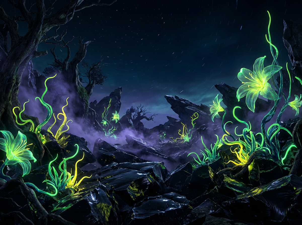 Dark otherworldly landscape with bioluminescent neon green flowers growing through black rocky terrain under a starlit night sky — HighDezign visual aesthetic