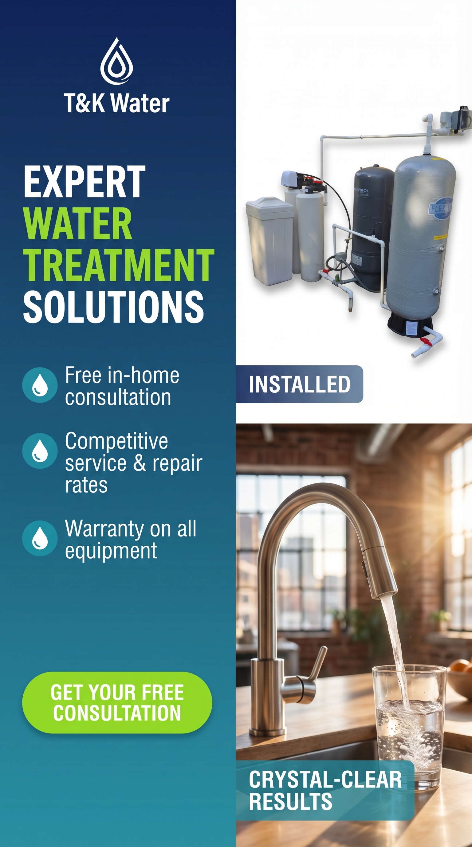 T&K Water — Expert Water Treatment Solutions. Free in-home consultation, competitive service rates, warranty on all equipment.