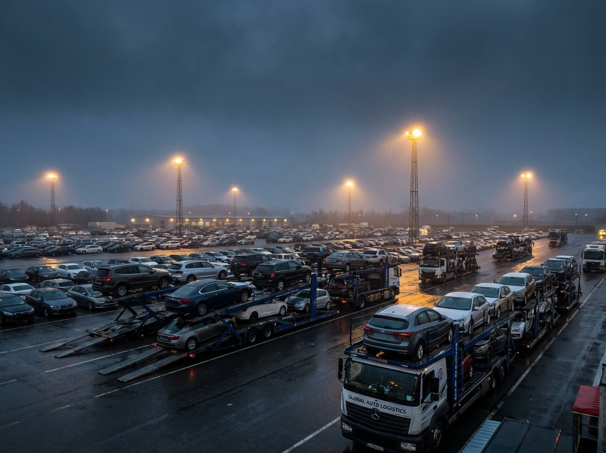 Auto auction transport - car carriers loading vehicles at Manheim Copart ADESA auction facilities