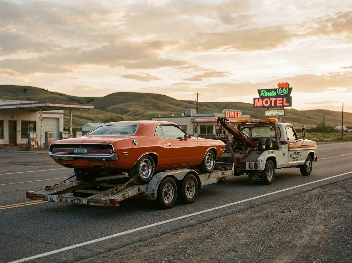Vintage classic car being transported - specialized antique vehicle shipping for collectors