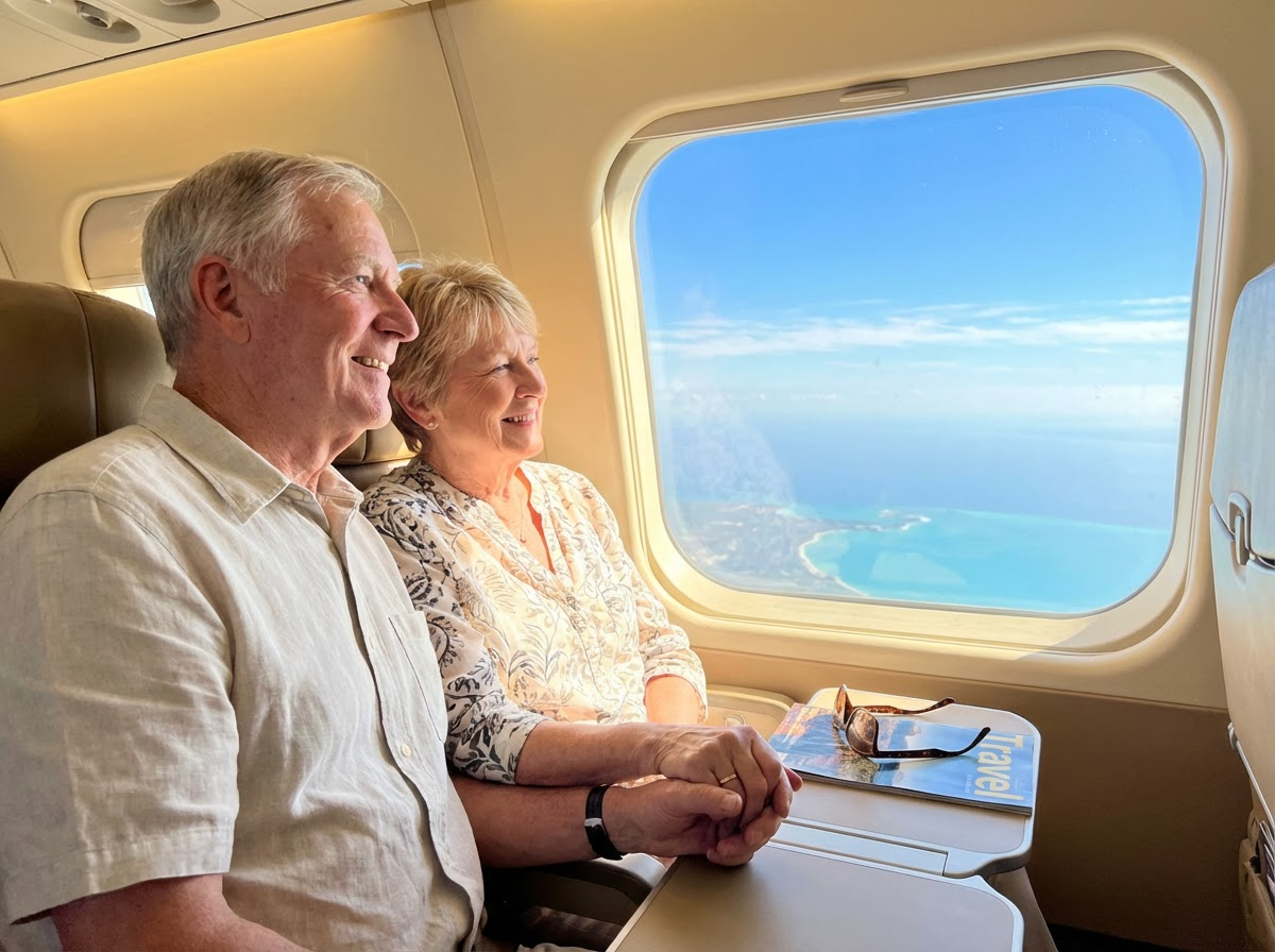 Snowbird auto transport - elderly couple flying to Florida while car shipping service delivers their vehicle