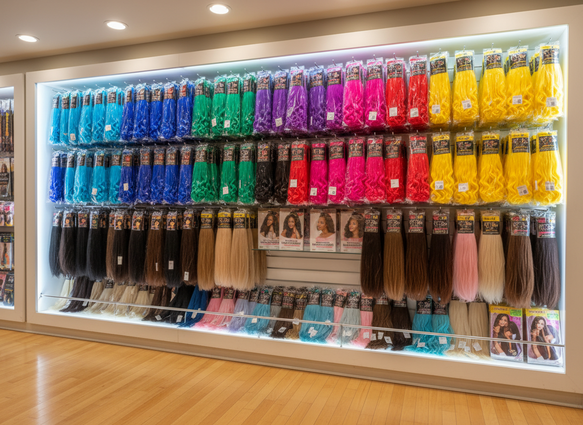 Braiding hair display at My Beauty Supply Plus in Saco Maine
