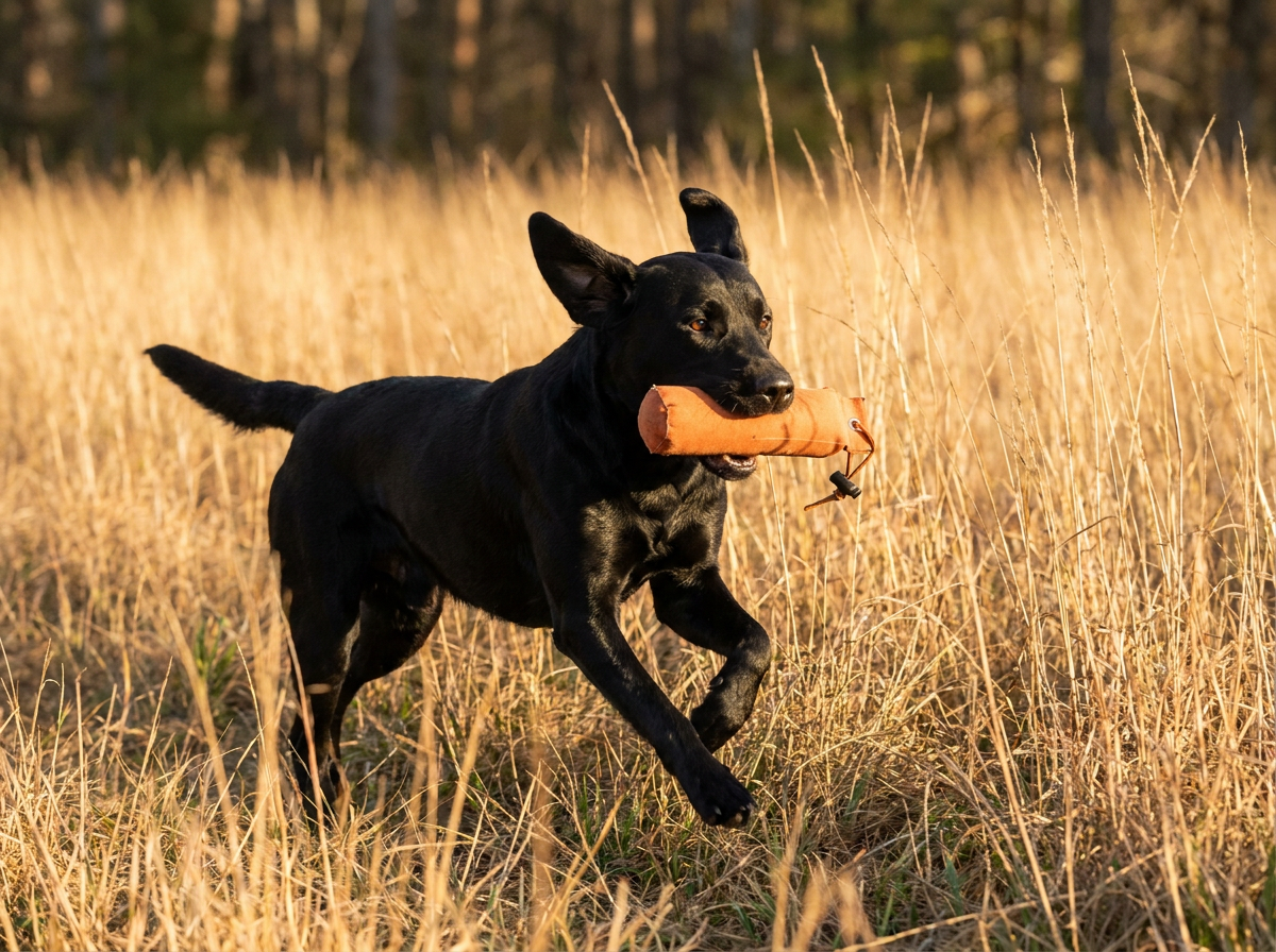 Black Labrador retrieving a training dummy through a golden summer field