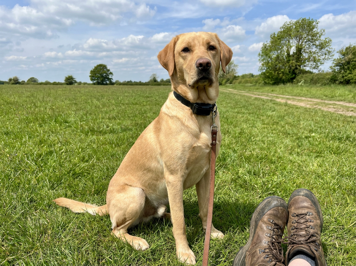 Yellow Labrador wearing an e-collar sitting attentively in a training field