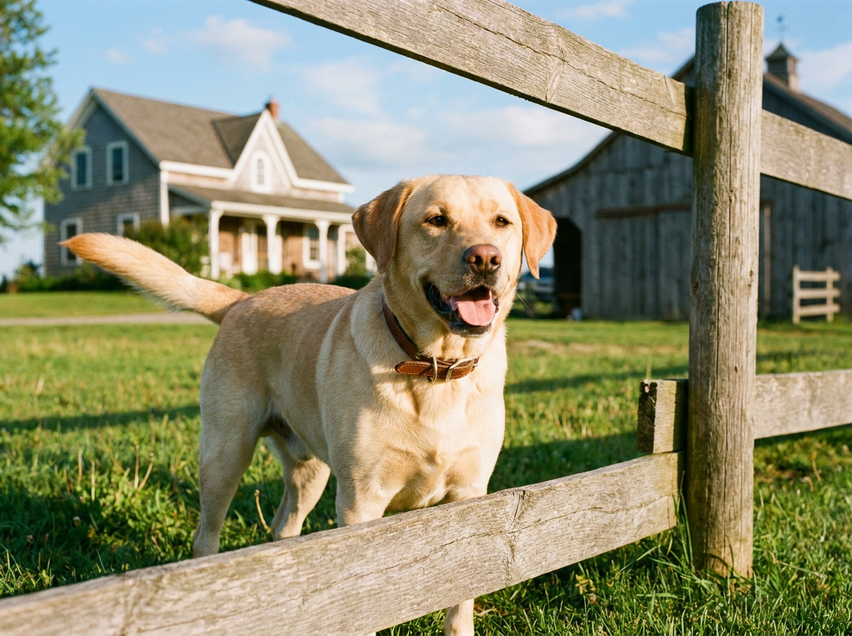 Happy yellow Labrador standing safely inside a wooden farm fence on a sunny day