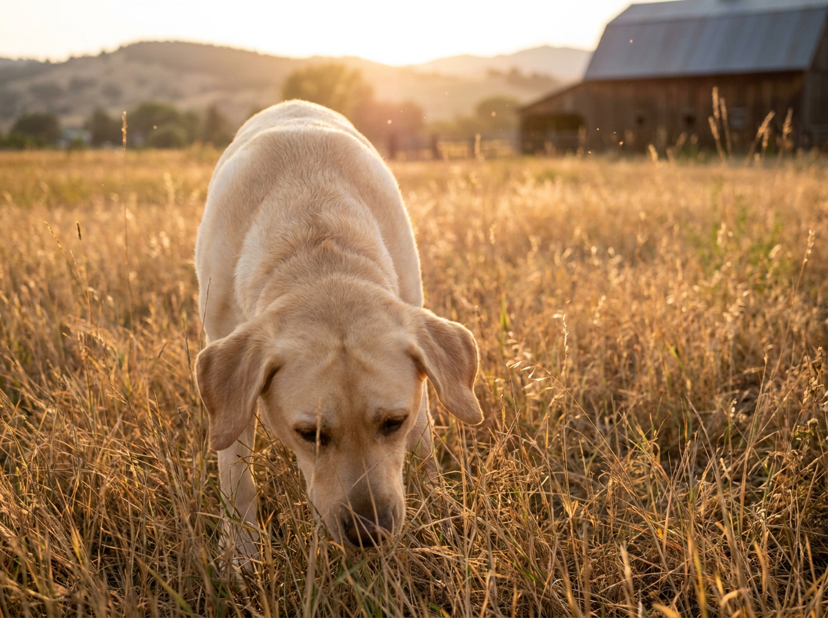 Yellow Labrador with nose to the ground sniffing through tall grass