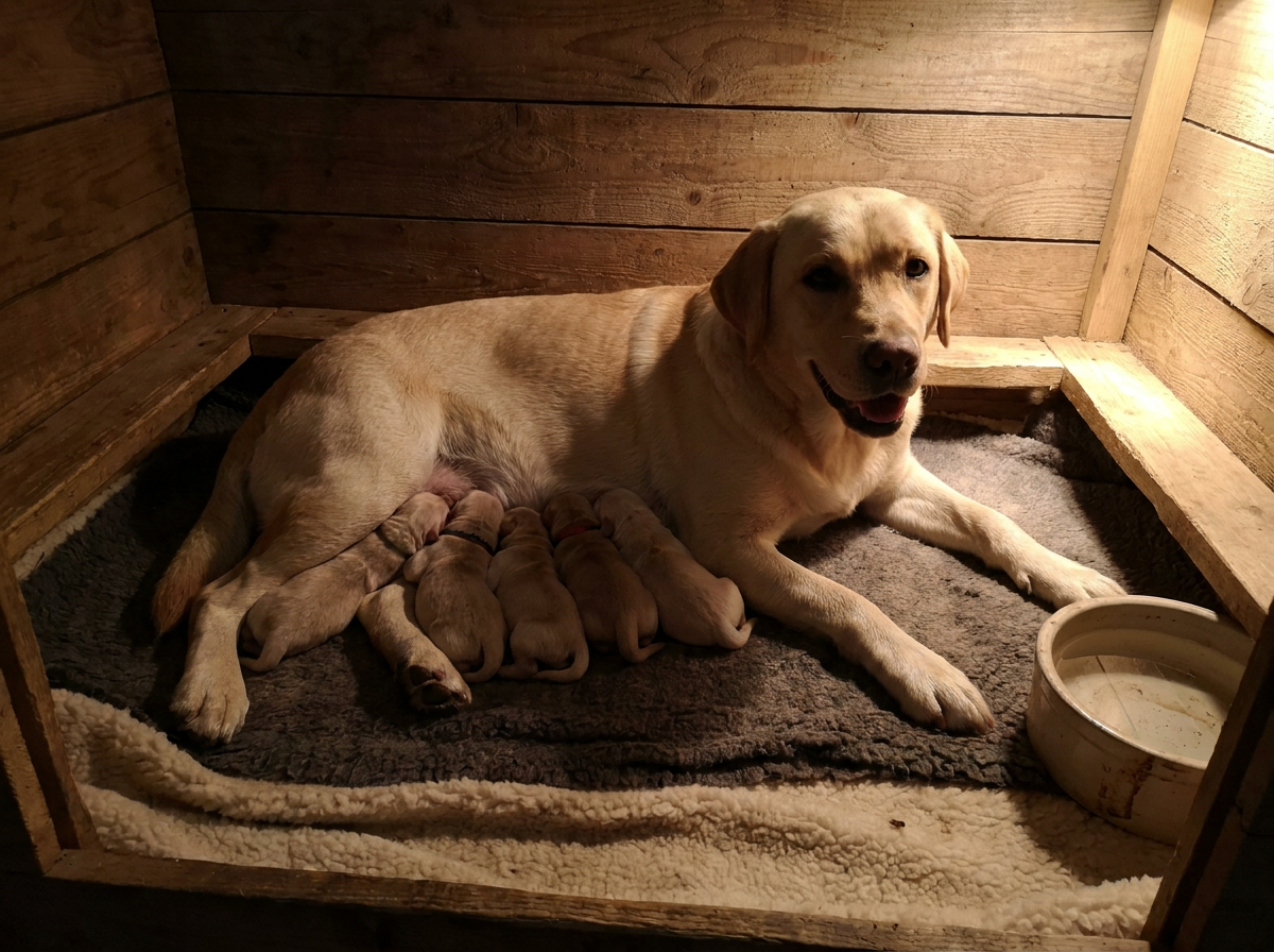 Yellow Labrador mother with her puppies in a cozy whelping box