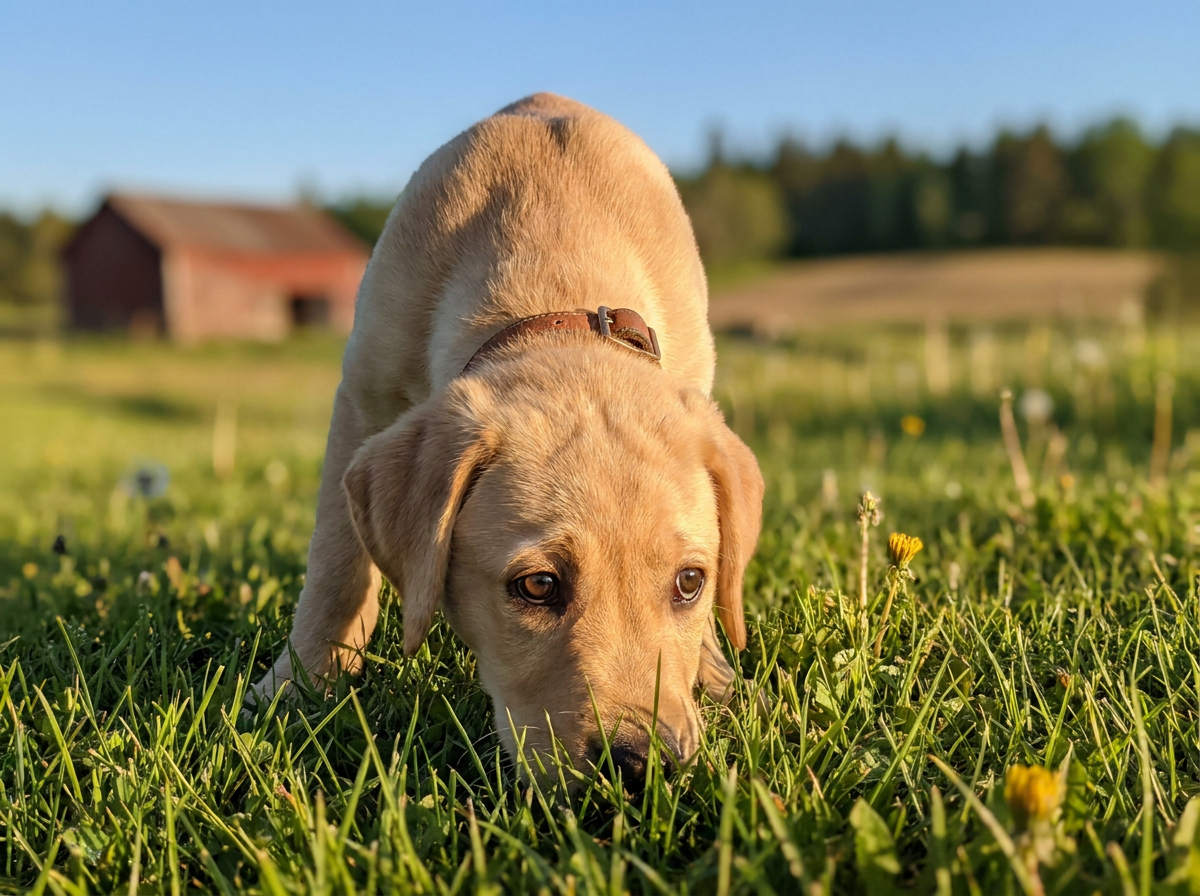 Curious yellow Labrador puppy exploring outdoors on a sunny farm