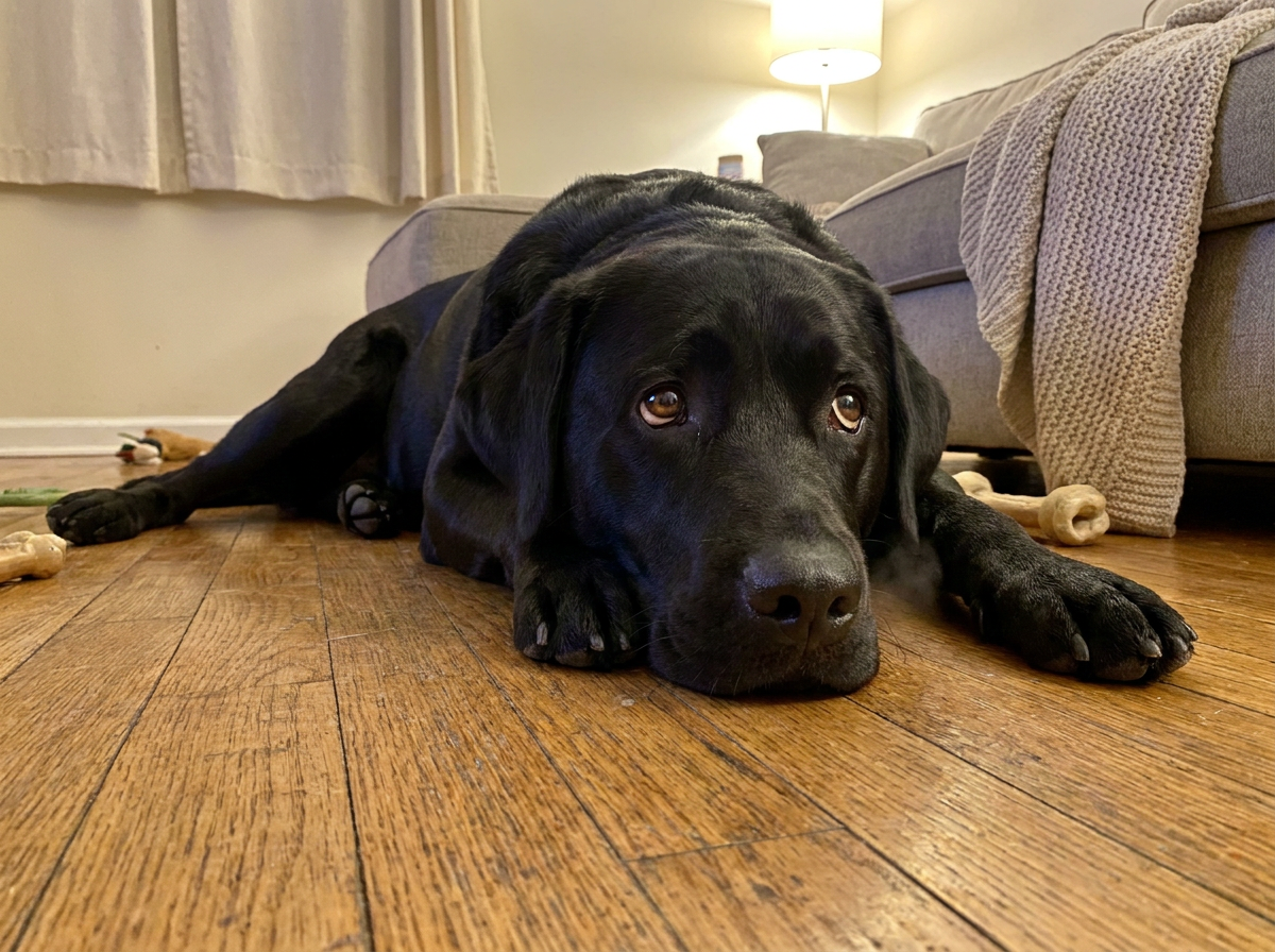 Black Labrador lying on the floor looking bored with big expressive eyes