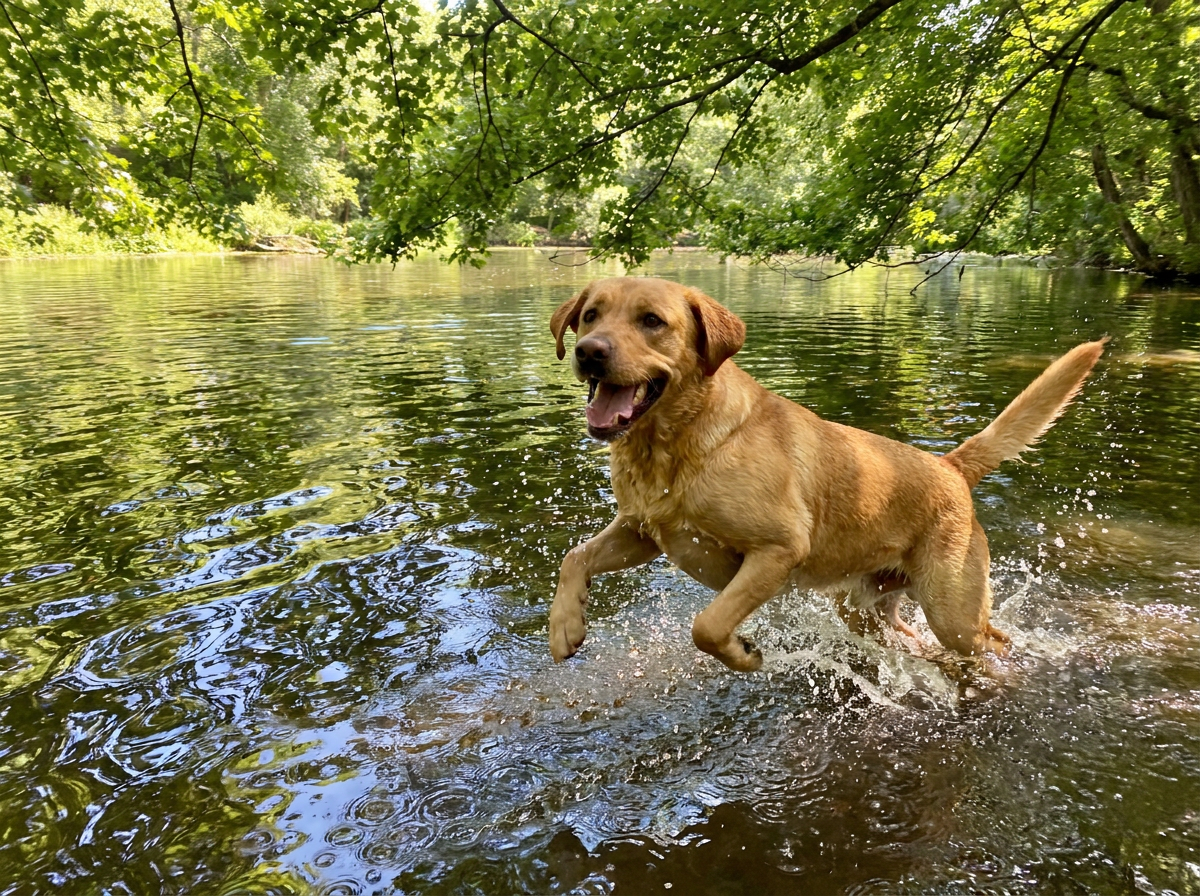 Yellow Labrador splashing joyfully into a pond on a summer day