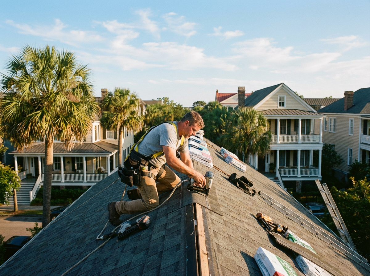 Roofing contractor working on a roof in Charleston SC