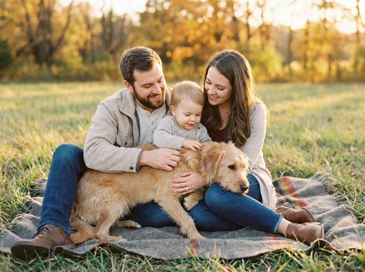 A family sharing a warm moment with their beloved dog