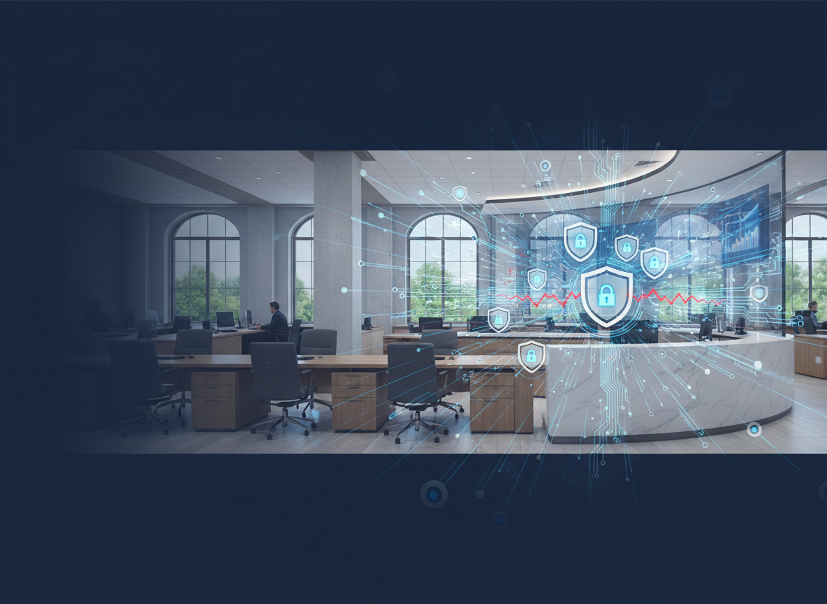 Header image for a professional banking blog post about artificial intelligence as a productivity tool and cybersecurity risk. Scene: modern community/regional bank office environment blended with subtle AI network overlay (abstract circuit lines, data nodes) and a secure shield icon motif. Color palette: navy, deep blue, white, subtle silver accents. Style: clean, corporate, high-end, realistic with light tech overlay. No text, no logos, no brand names, no people faces in close-up. Wide composition with negative space for optional title placement.