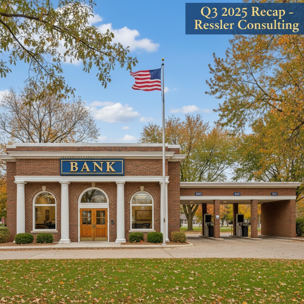 Traditional brick community bank building with prominent "BANK" signage on the facade, classic columns at entrance, professional banking architecture with large windows. Drive-through banking lanes visible on side. Autumn trees, American flag on pole, blue sky. Overlay text "Q3 2025 Recap - Ressler Consulting" in sophisticated typography. Blue and gold color scheme. Clearly identifiable as a Midwest community bank, not a school or office building. Professional architectural photography.