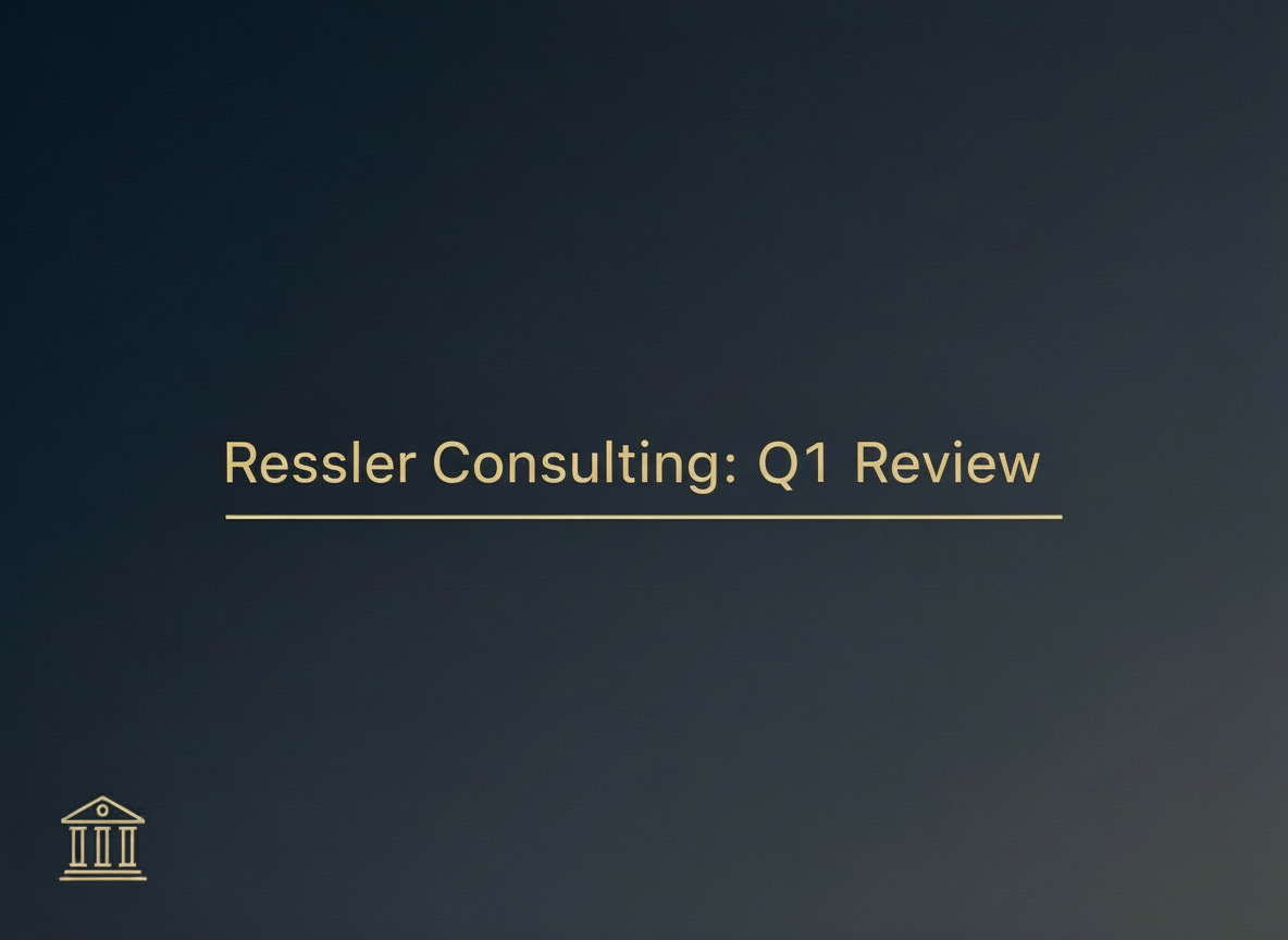 Edit the provided image in the same minimal style. Keep the plain deep navy background with subtle vignette, gold headline text, thin gold divider line beneath, and small minimal bank icon bottom-left. Change the headline text to exactly: "Ressler Consulting: Q1 Review". Center the text, modern sans-serif, gold color matching the divider. No other text, no logos, no watermarks.