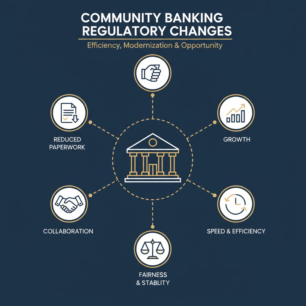 Clean, modern professional graphic for community banking regulatory changes. Feature a stylized community bank building icon in the center with radiating pathways or connections showing key benefits: reduced paperwork icon, growth chart icon, handshake icon, clock/speed icon, and balance scale icon. Minimalist design with professional navy blue background, white and gold accents. Geometric, clean lines with a sense of clarity and simplification. Corporate infographic style that's eye-catching but not cluttered. Conveys efficiency, modernization, and opportunity for community banks.