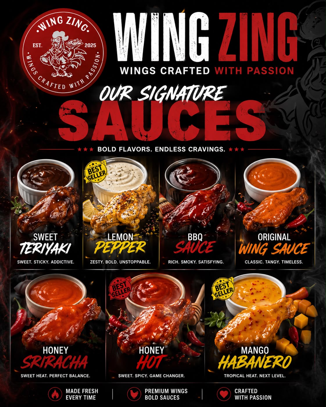 Wing Zing signature sauces lineup with heat scale