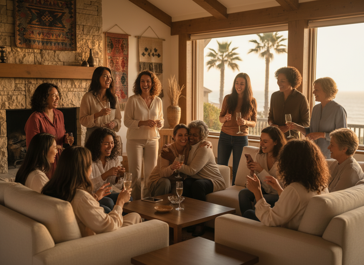Diverse group of women laughing and connecting in a warm beachside living room
