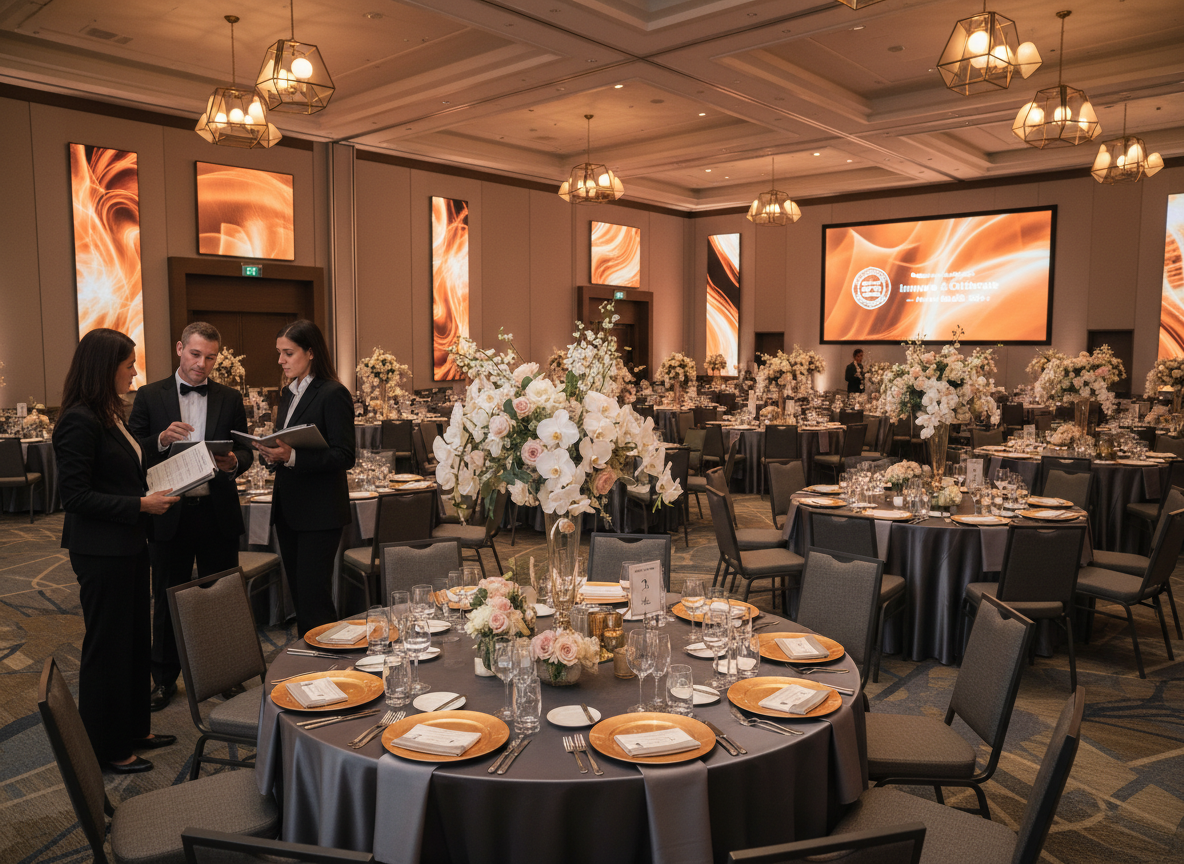Elegant event planning with professionally set banquet tables and coordinators