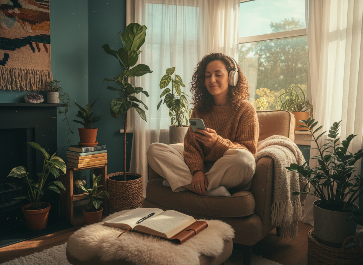 Woman with headphones listening to podcast in a cozy plant-filled living room