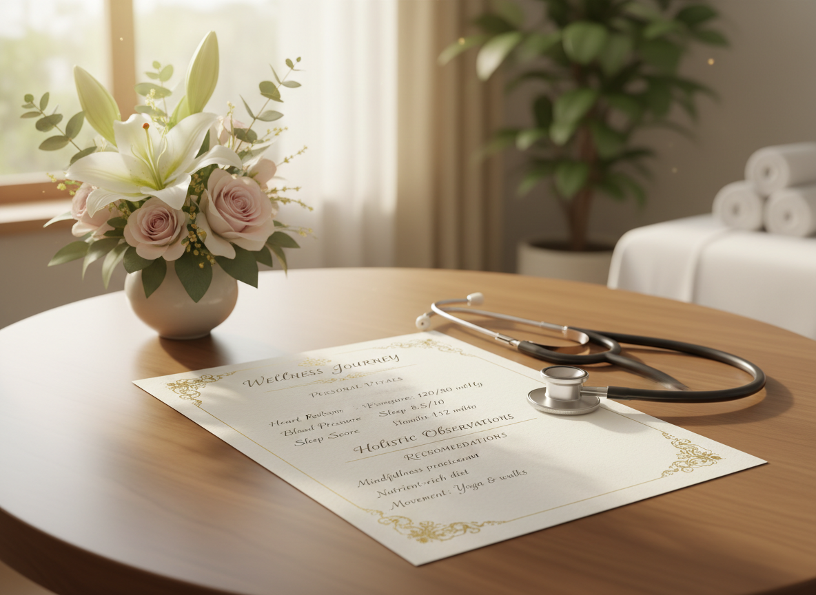 Personalized Wellness Take-Home Report — wellness journey document with stethoscope and flowers on a table