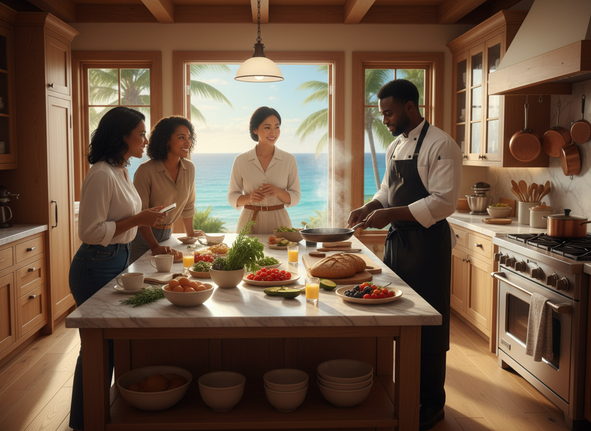 Morning Kitchen Club — Chef Haynes cooking breakfast with guests watching in a beautiful coastal kitchen