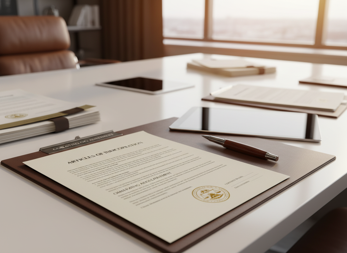 LLC and Corporation formation documents on professional desk