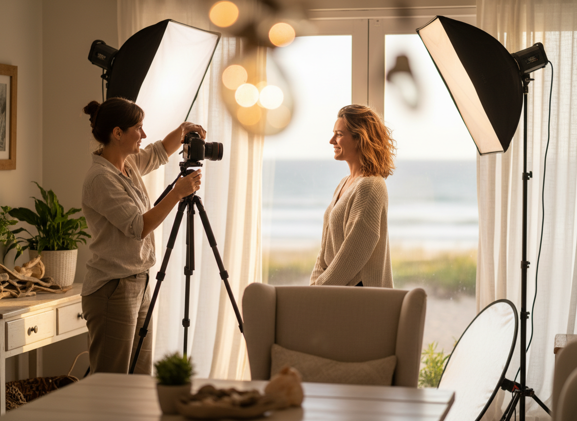 Professional headshot mini-session — photographer with softbox lighting capturing a woman's portrait at the retreat