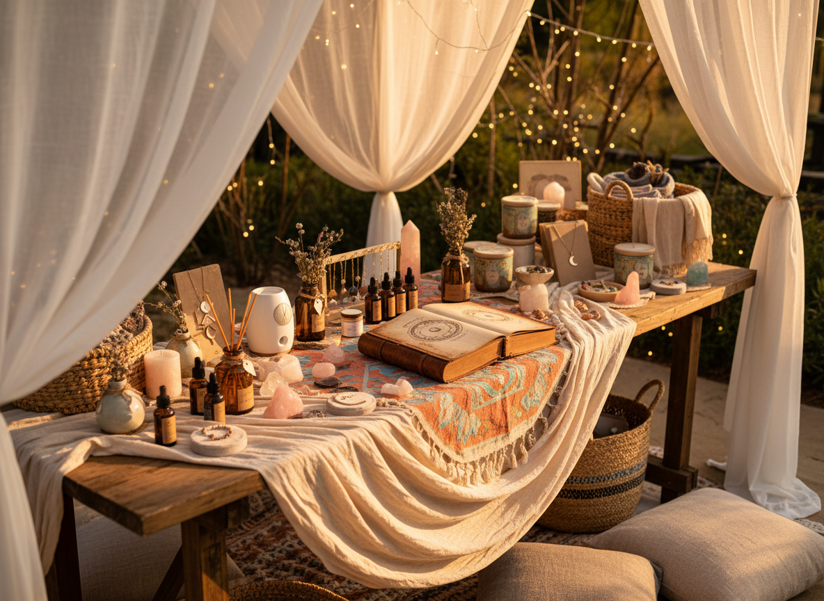 Beautifully styled outdoor pop-up shop table with books, crystals, candles, oils, and curated wellness gifts under draped white fabric and string lights