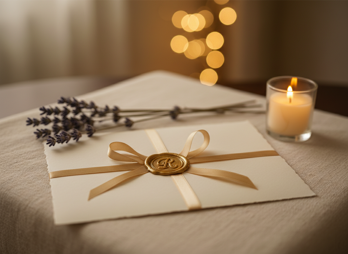 Post-retreat letter — a sealed envelope with gold wax seal, ribbon, lavender, and candlelight