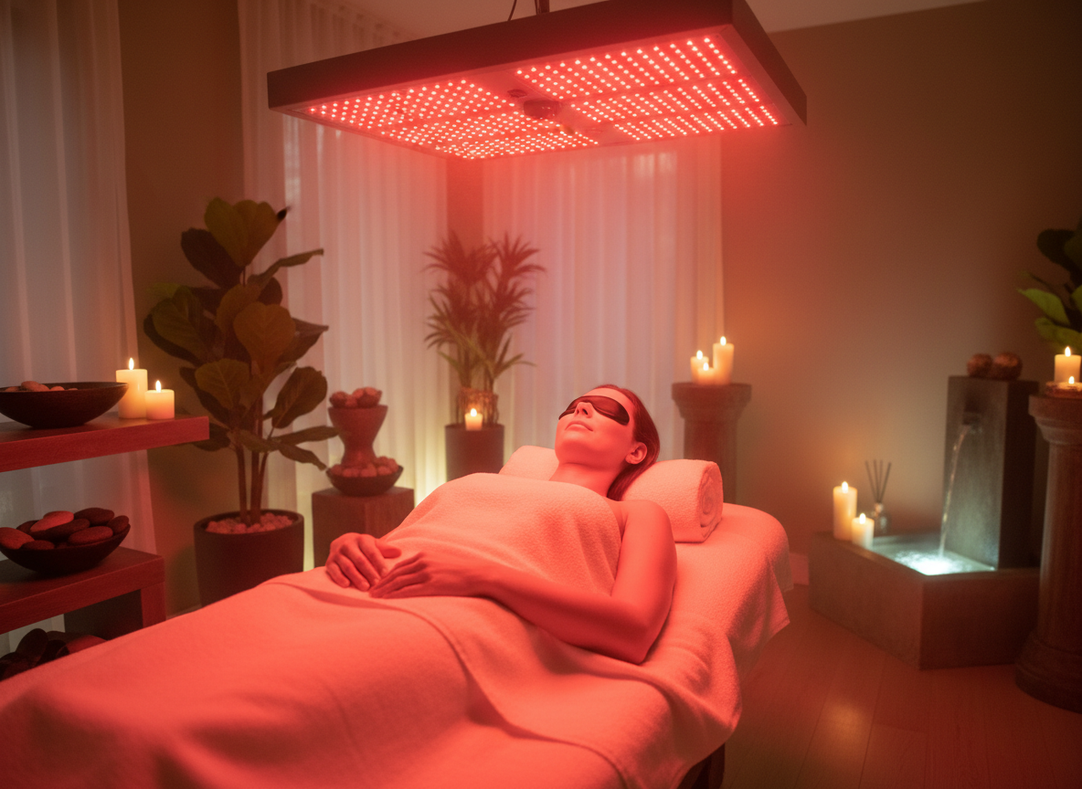 Red light therapy session — relaxing wellness treatment under a red light therapy panel